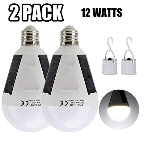 12W LED E27 Solar Light Bulb,EnerEco Waterproof Rechargeable Hanging Emergency Portable Light Lamp For Indoor Outdoor Camping Hiking Fishing Tent Solar Bulb Lamp,720LM,85V-265V (2Pack)