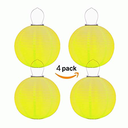 Obell 4 Pack 12 inch Solar Chinese Lanterns Nylon Lantern Outdoor Waterproof Solar Powered LED Hanging Lantern For Garden Yard Pathway Festival Party Wedding Decorations (Yellow-4)
