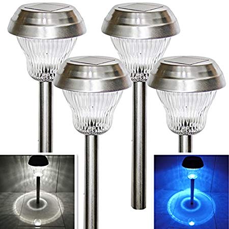 Sogrand Solar Garden Lights Outdoor Pathway Decorative Stake Light Upgraded Dual LED White Blue Glass Lens Brgiht 10Lumen Decorations Stainless Steel Stakes for Patio Outside Landscape Walkway 4Pack