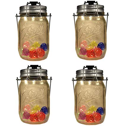 4-Pack Solar-powered Mason Jar 4 LED spotlights Lids (Mason Jar/Handle Included) with Colorful Acrylic Pieces, Warm White Table Lantern, Magnetic ON/OFF Switch, Jar Hanging Light,Patio Path Light