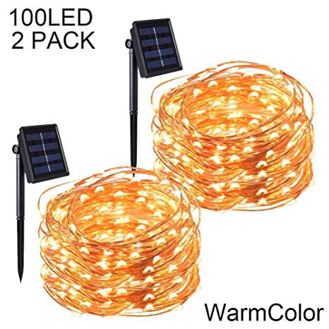 POPPAP Solar String Lights Copper Wire Fairy Twinkle Light Warm 100 LED 2 PACK