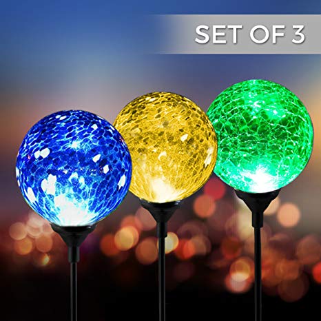 Solar Powered Crackle Glass Ball- 7 Color Changing Stake Lights- Set of 3- Weatherproof Design- Decorative Landscape Lamps- Wireless Outdoor LED Accent Lighting- Best Decor for Garden/Yard/Path (3)