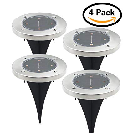 JIRVY 4 Pack Solar Powered Ground Light 4 LED Waterproof Outdoor Lamp Garden Light Stainless Steel Landscape Light for Path Way Yard Patio (Warm White)