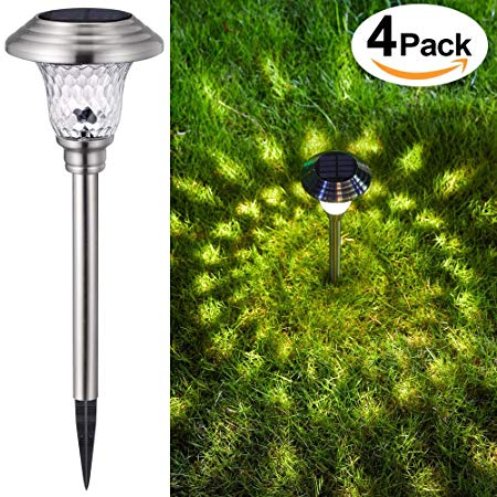 4 Pack Solar Lights Outdoor Garden Path Glass Stainless Steel Waterproof Auto On/off Bright White Wireless Sun Powered Landscape Lighting for Yard Patio Walkway Landscape In-Ground Spike Pathway Light